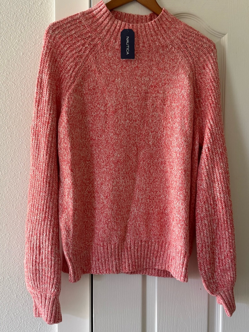 NWT Nautica Mock Neck Marled Knit Sweater XL Sugar Coral Balloon Sleeve